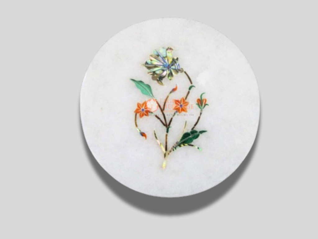 White Round Marble Coaster Set Multi Floral Inlaid Art